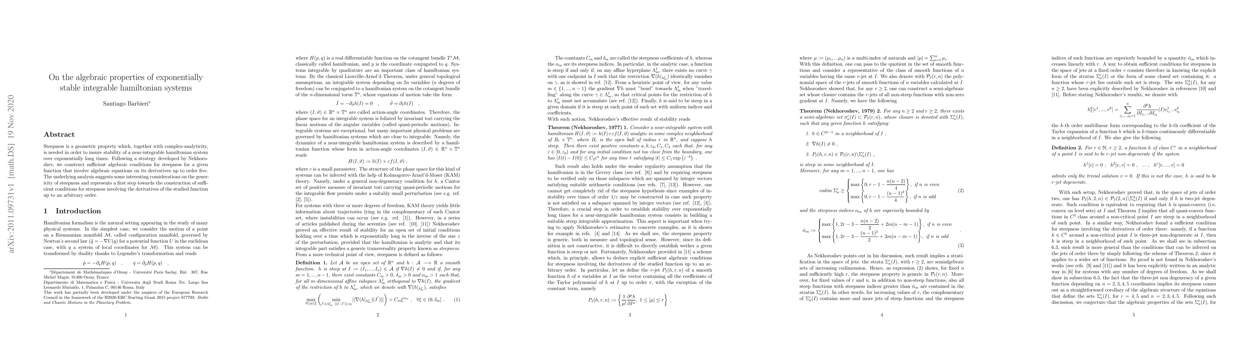 Thumbnail for On the algebraic properties of exponentially stable integrable
  hamiltonian systems