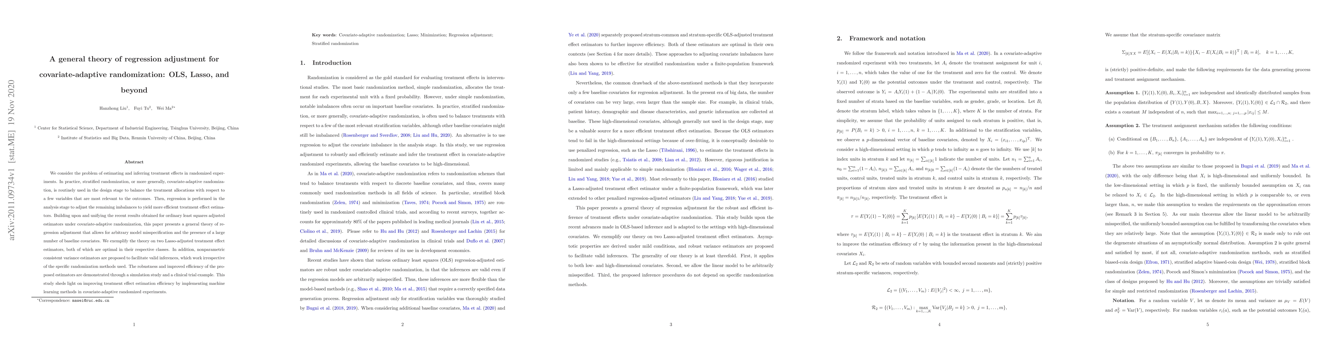 Thumbnail for A general theory of regression adjustment for covariate-adaptive
  randomization: OLS, Lasso, and beyond