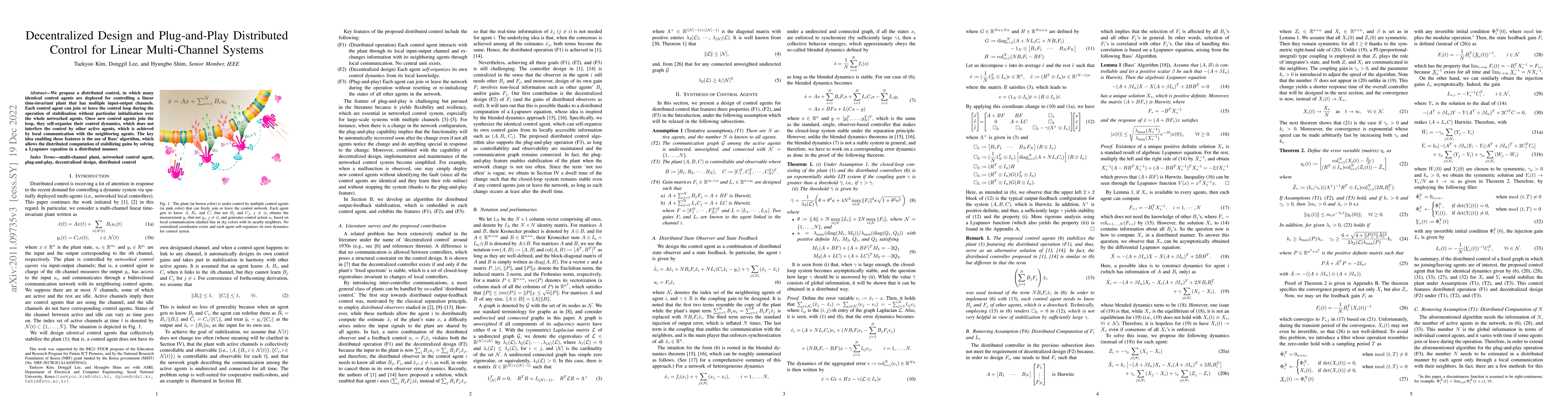 Thumbnail for Decentralized Design and Plug-and-Play Distributed Control for Linear
  Multi-Channel Systems