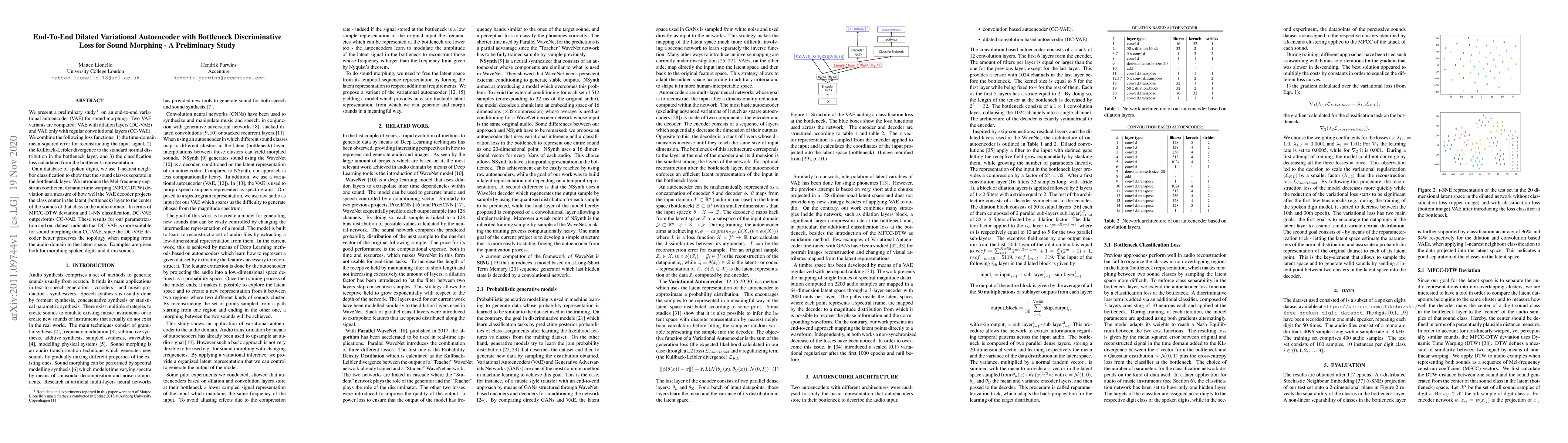 Thumbnail for End-To-End Dilated Variational Autoencoder with Bottleneck
  Discriminative Loss for Sound Morphing -- A Preliminary Study