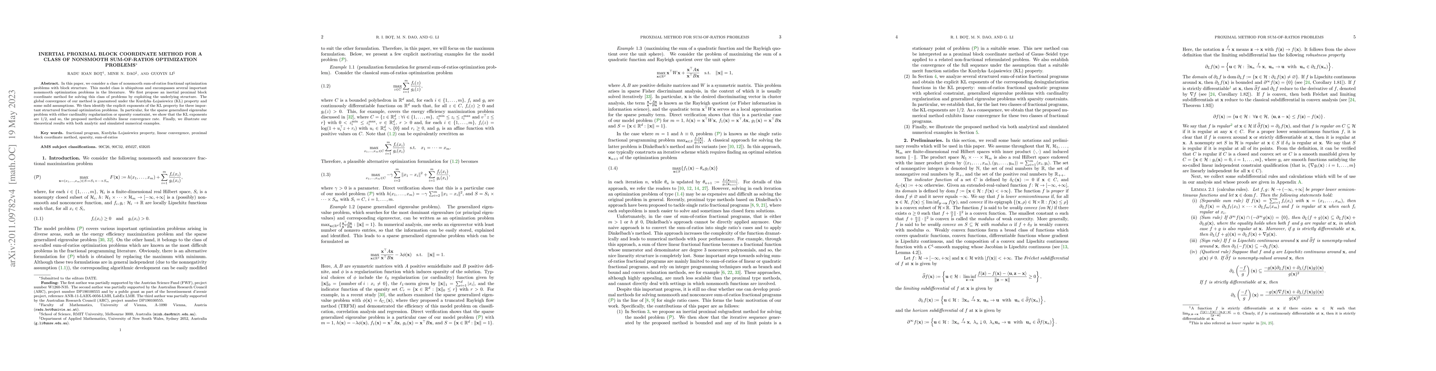 Thumbnail for Inertial Proximal Block Coordinate Method for a Class of Nonsmooth
  Sum-of-Ratios Optimization Problems