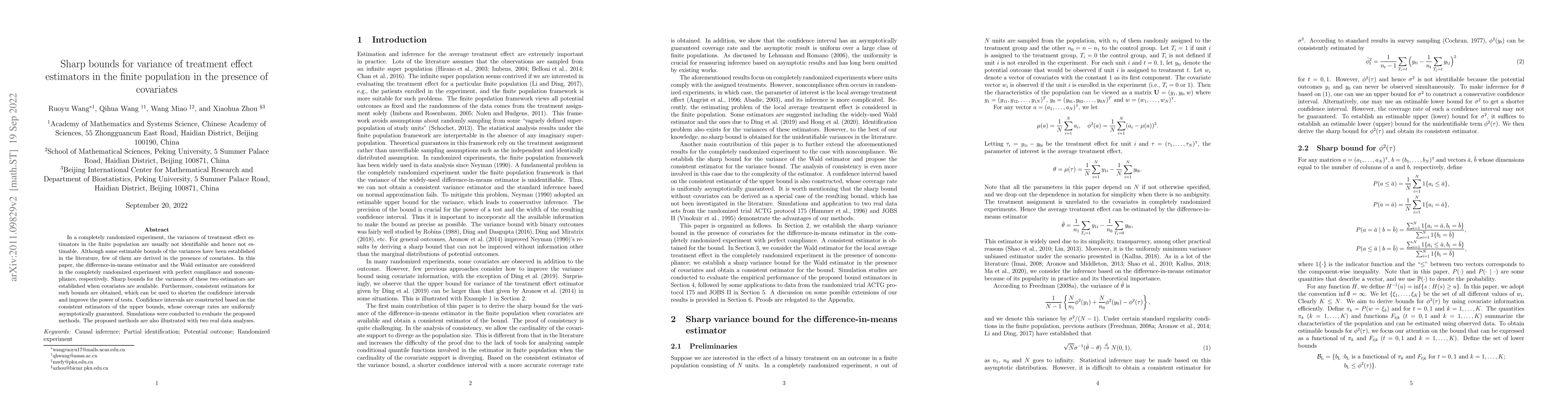 Thumbnail for Sharp bounds for variance of treatment effect estimators in the finite
  population in the presence of covariates