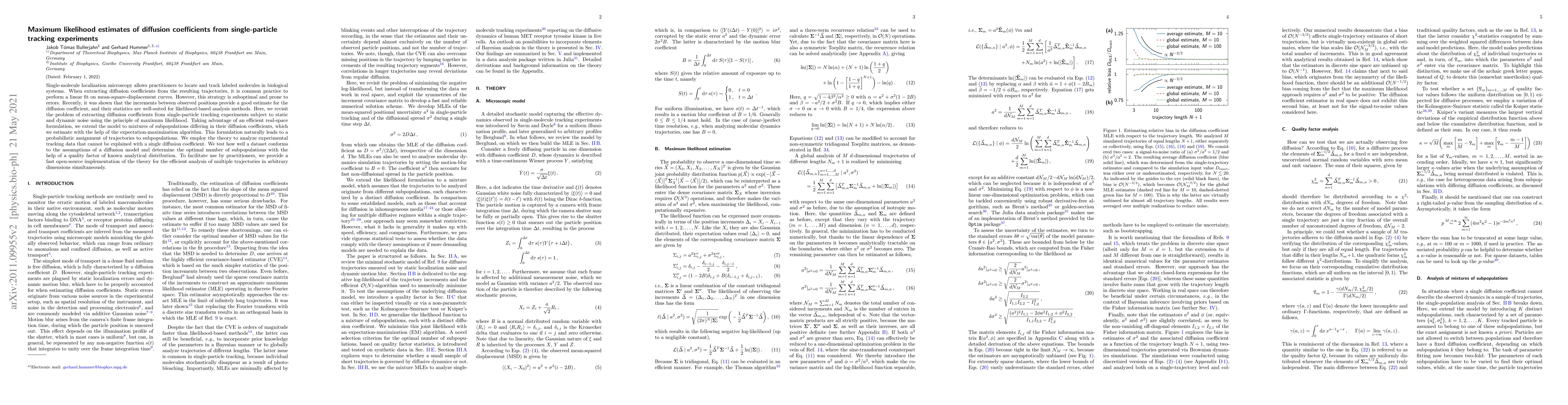 Thumbnail for Maximum likelihood estimates of diffusion coefficients from
  single-particle tracking experiments