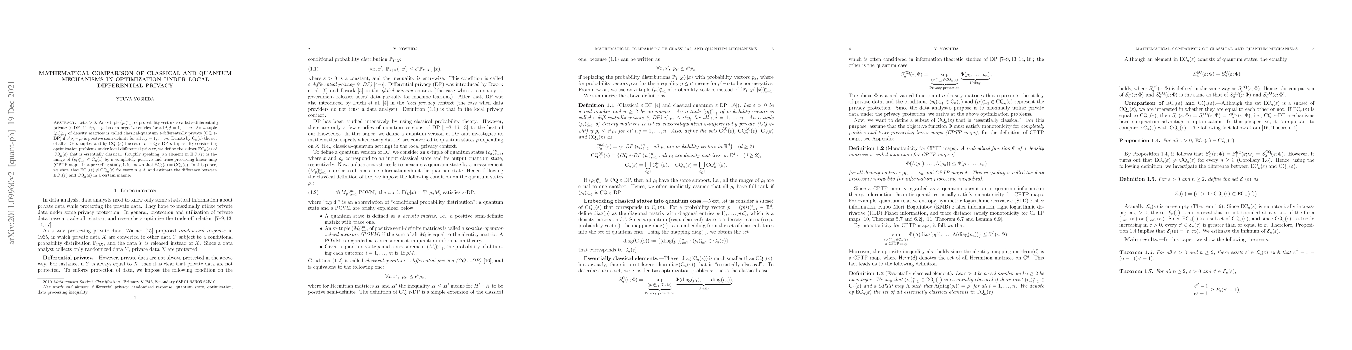 Thumbnail for Mathematical comparison of classical and quantum mechanisms in
  optimization under local differential privacy