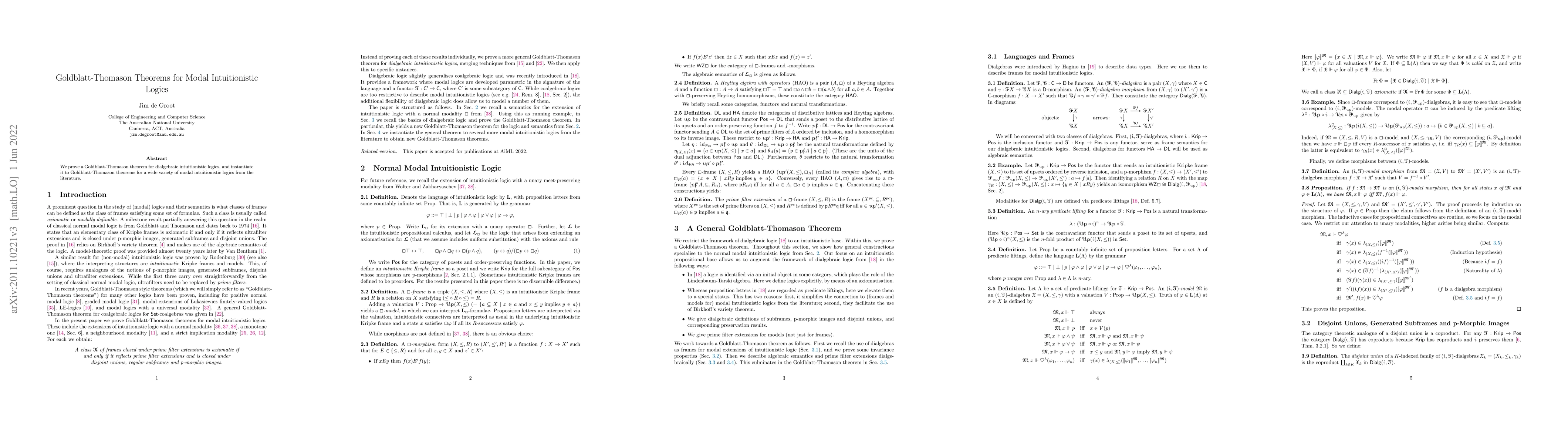 Thumbnail for Goldblatt-Thomason Theorems for Modal Intuitionistic Logics