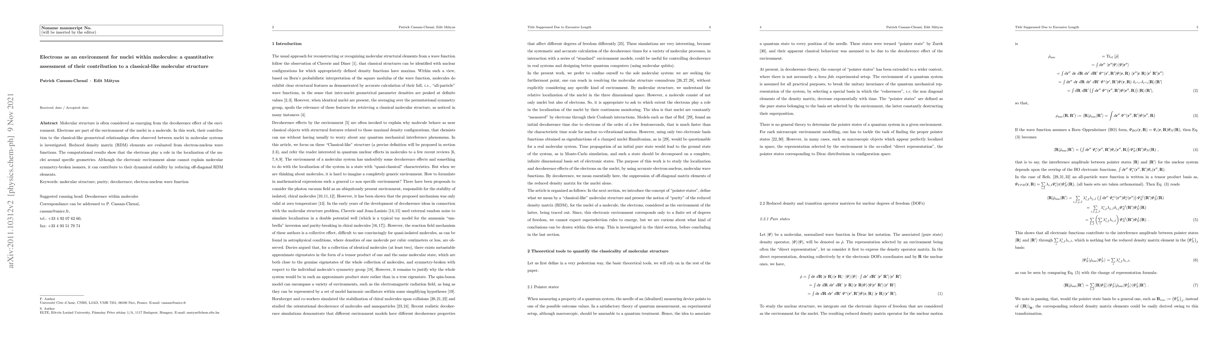 Thumbnail for Electrons as an environment for nuclei within molecules: a quantitative
  assessment of their contribution to a classical-like molecular structure