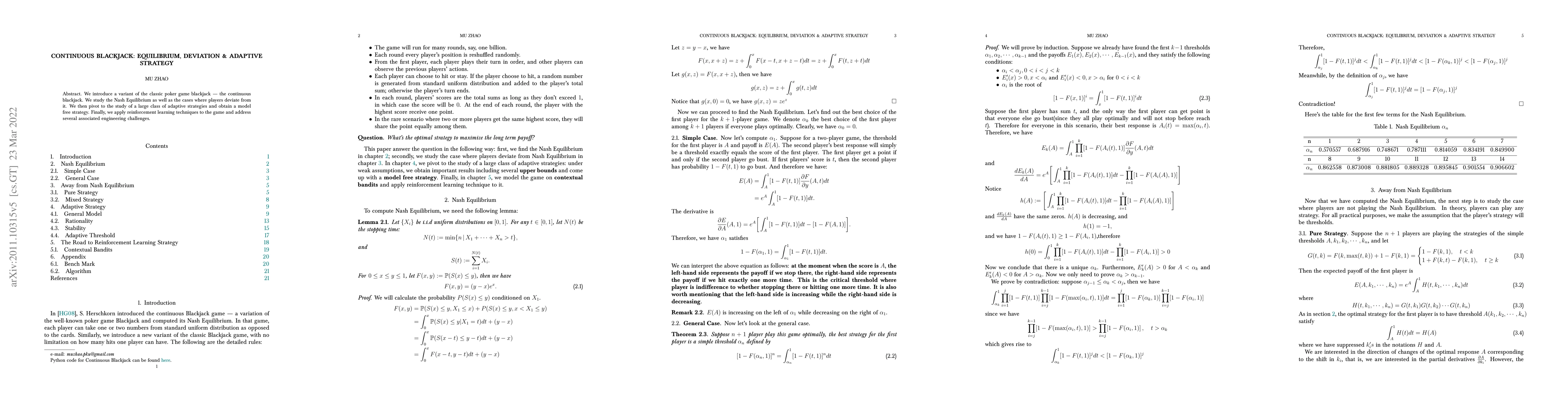 Thumbnail for Continuous Blackjack: Equilibrium, Deviation and Adaptive Strategy