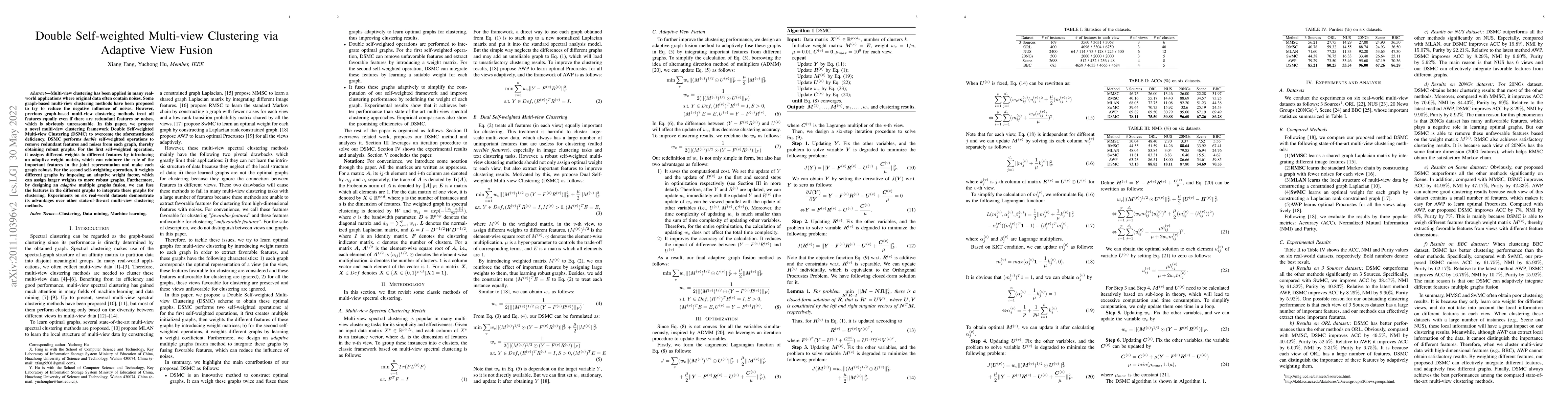 Thumbnail for Double Self-weighted Multi-view Clustering via Adaptive View Fusion
