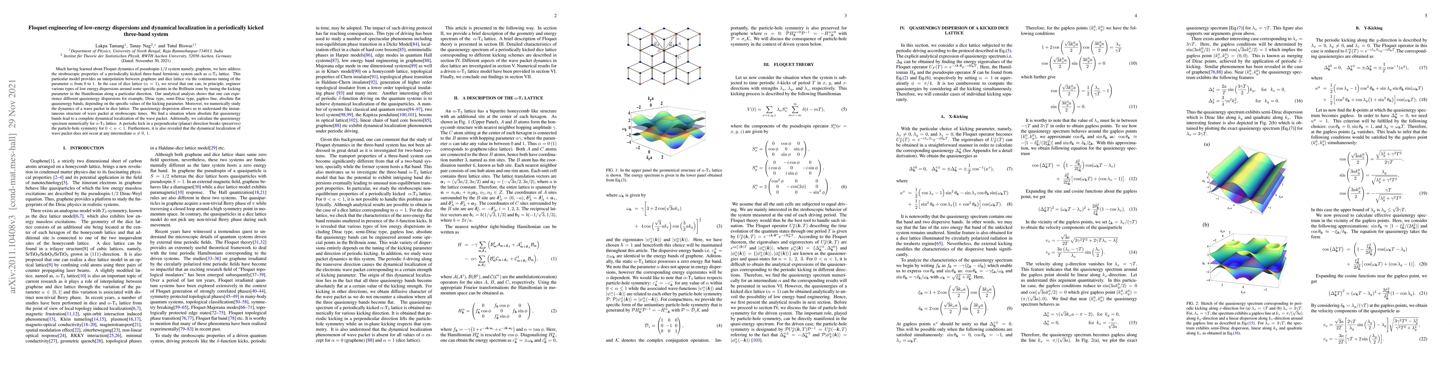 Thumbnail for Floquet engineering of low-energy dispersions and dynamical localization
  in a periodically kicked three-band system