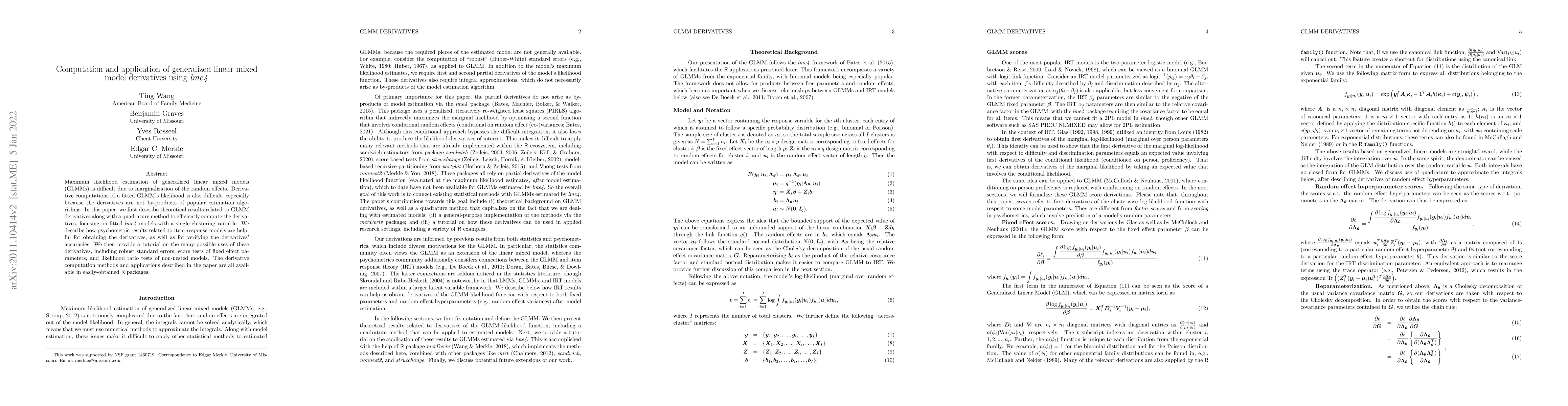 Thumbnail for Computation and application of generalized linear mixed model
  derivatives using lme4