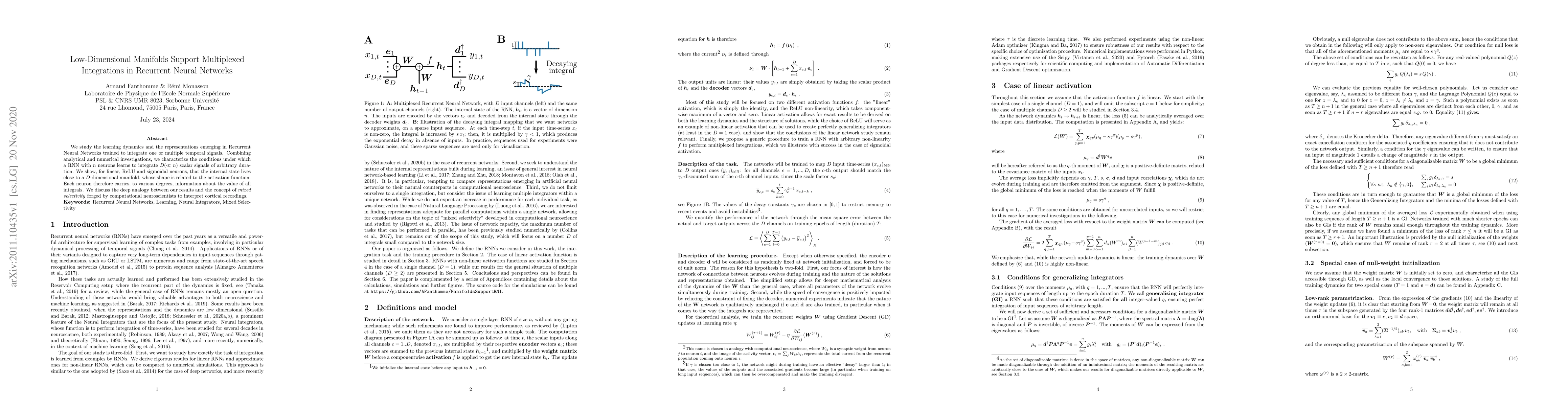 Thumbnail for Low-Dimensional Manifolds Support Multiplexed Integrations in Recurrent
  Neural Networks