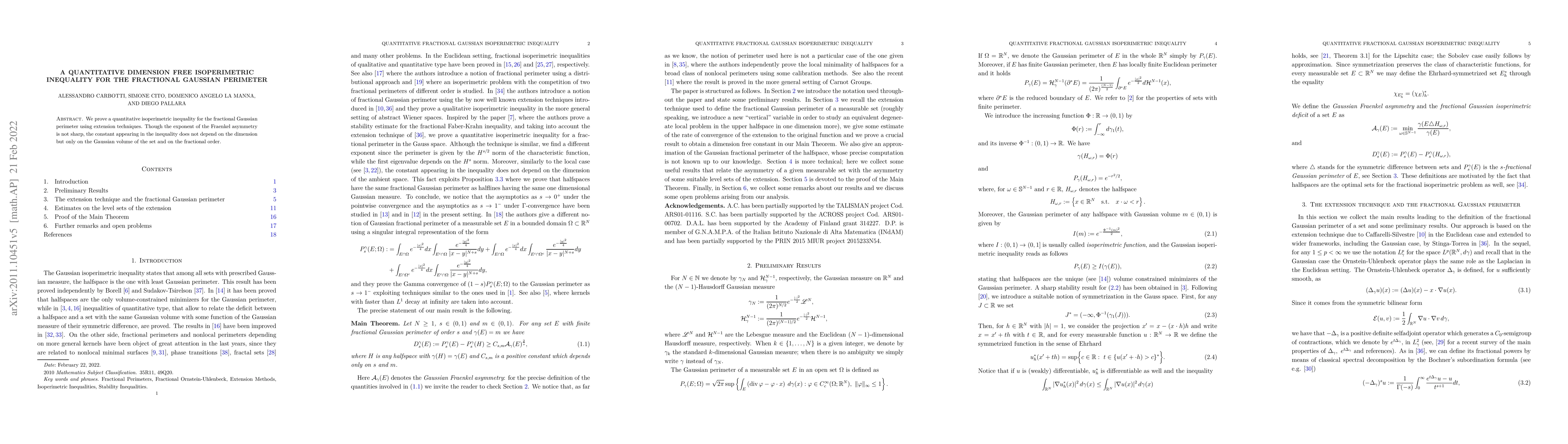 Thumbnail for A quantitative dimension free isoperimetric inequality for the
  fractional Gaussian perimeter