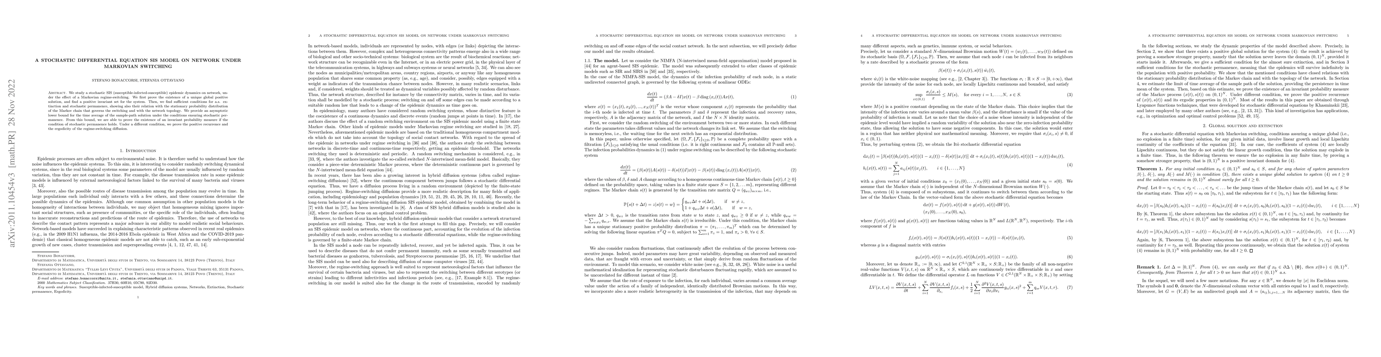 Thumbnail for A stochastic differential equation SIS model on network under Markovian
  switching