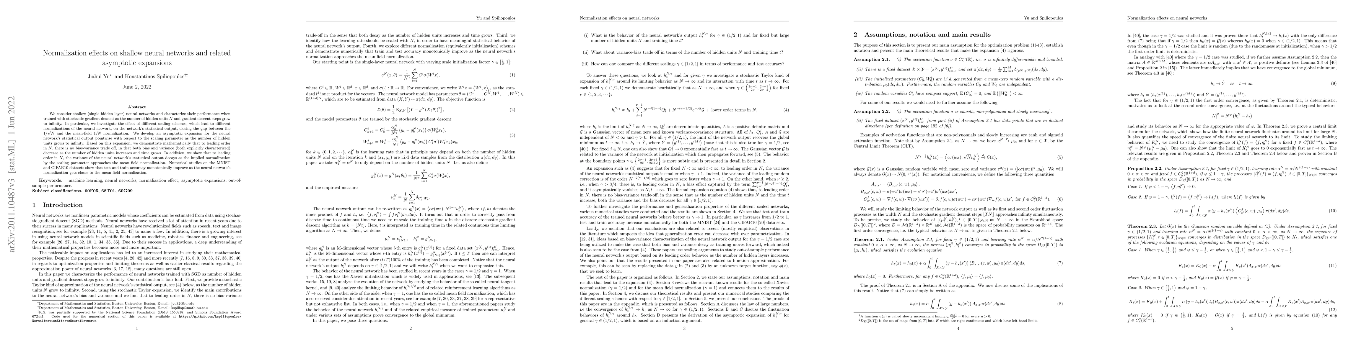 Thumbnail for Normalization effects on shallow neural networks and related asymptotic
  expansions