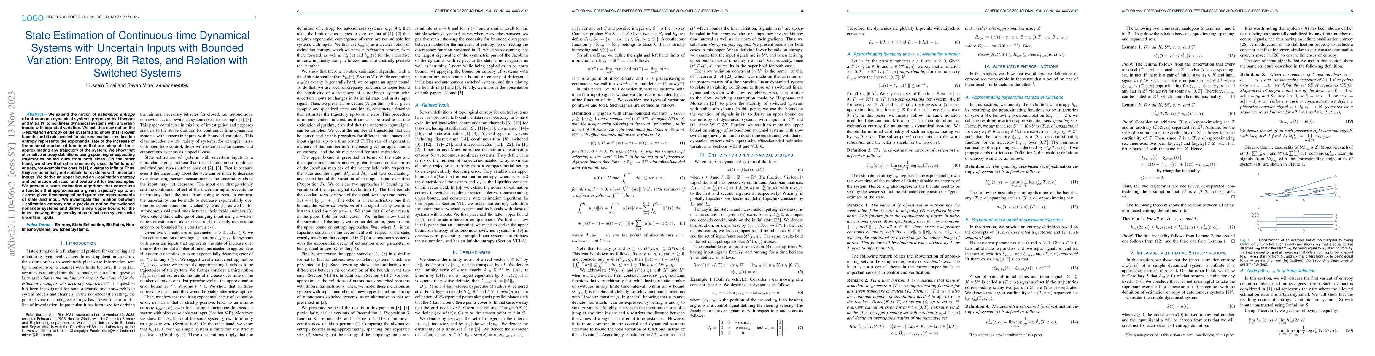 Thumbnail for State Estimation of Continuous-time Dynamical Systems with Uncertain
  Inputs with Bounded Variation: Entropy, Bit Rates, and Relation with Switched
  Systems