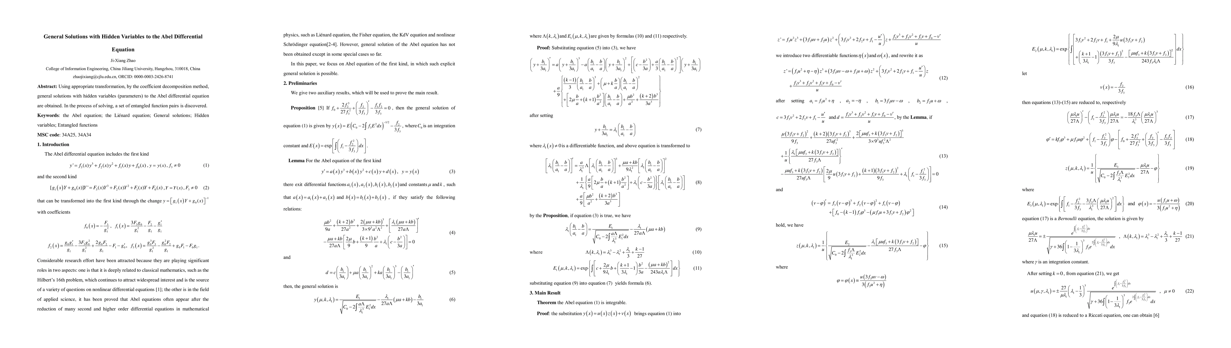 Thumbnail for General Solutions with Hidden Variables to the Abel Differential
  Equation