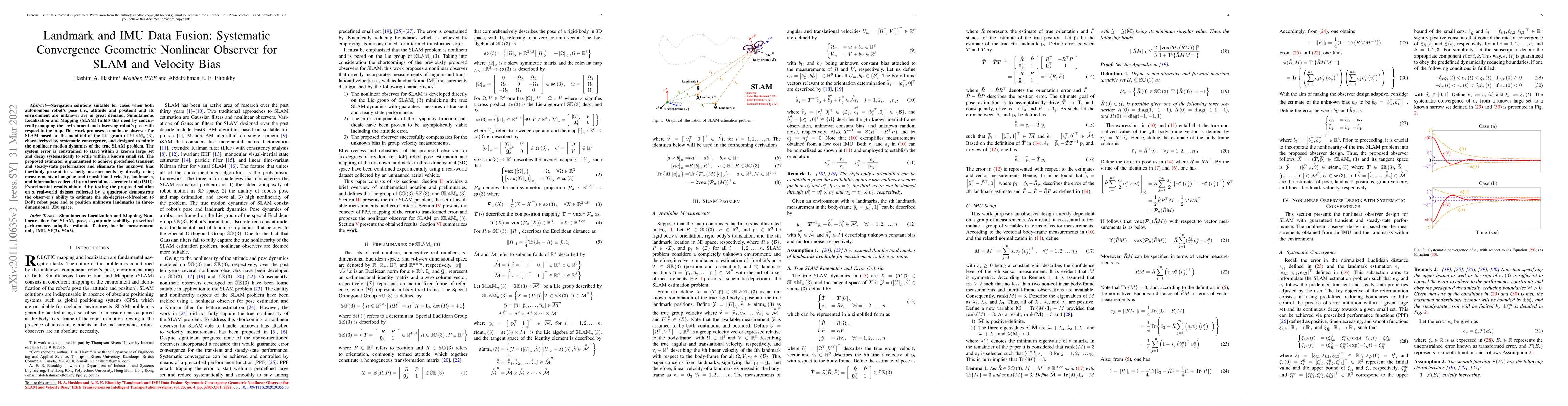 Thumbnail for Landmark and IMU Data Fusion: Systematic Convergence Geometric Nonlinear
  Observer for SLAM and Velocity Bias