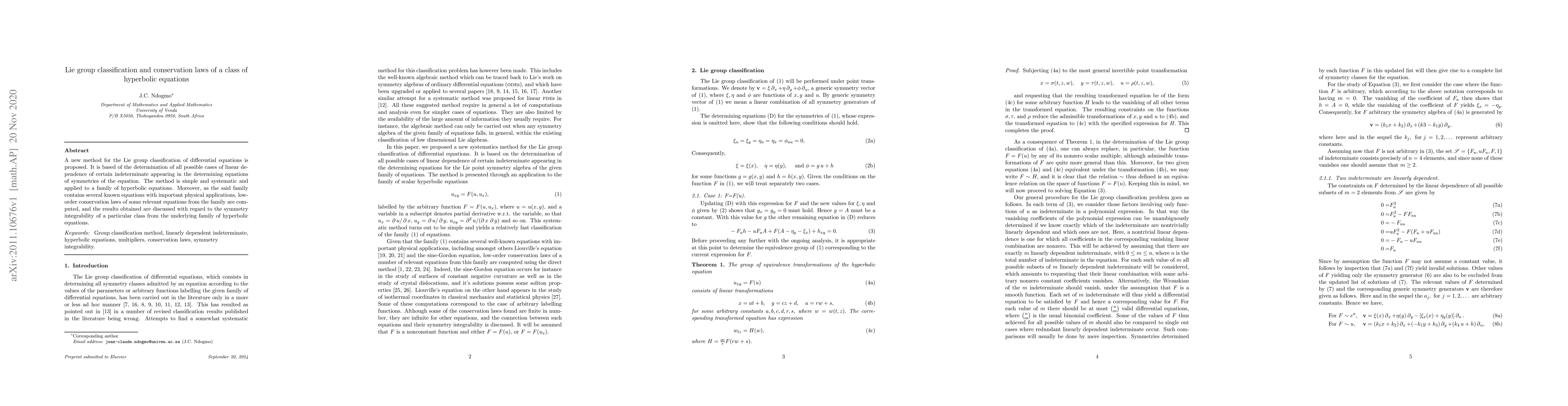 Thumbnail for Lie group classification and conservation laws of a class of hyperbolic
  equations