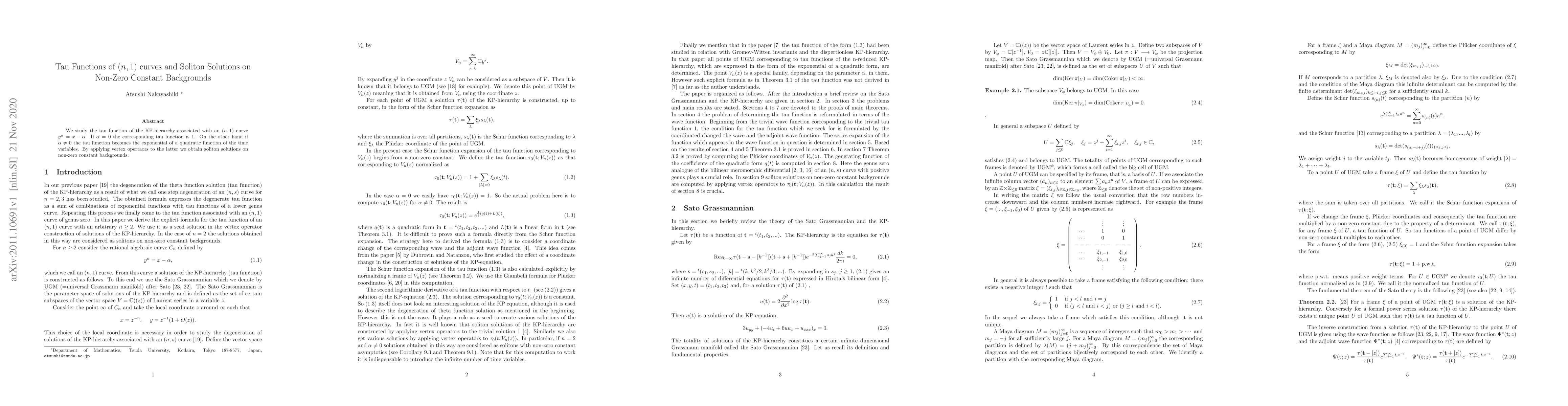 Thumbnail for Tau Functions of (n,1) curves and Soliton Solutions on Non-Zero Constant
  Backgrounds