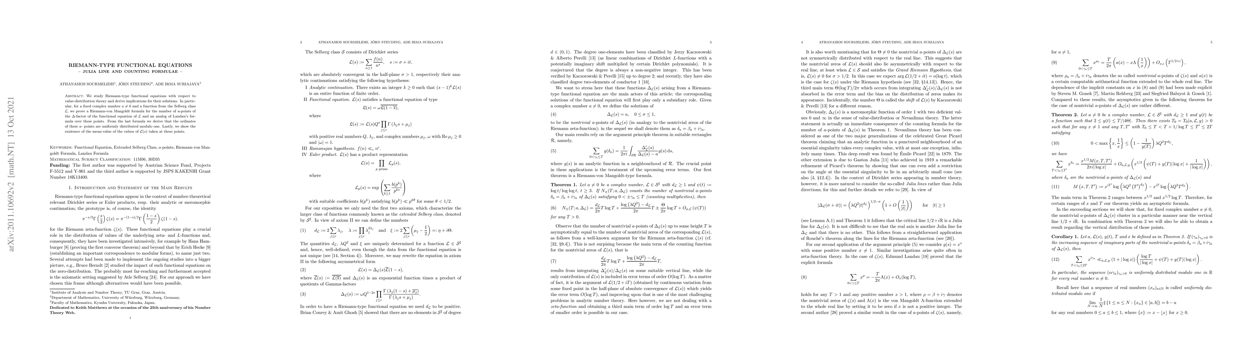 Thumbnail for Riemann-Type Functional Equations -- Julia Line and Counting Formulae --