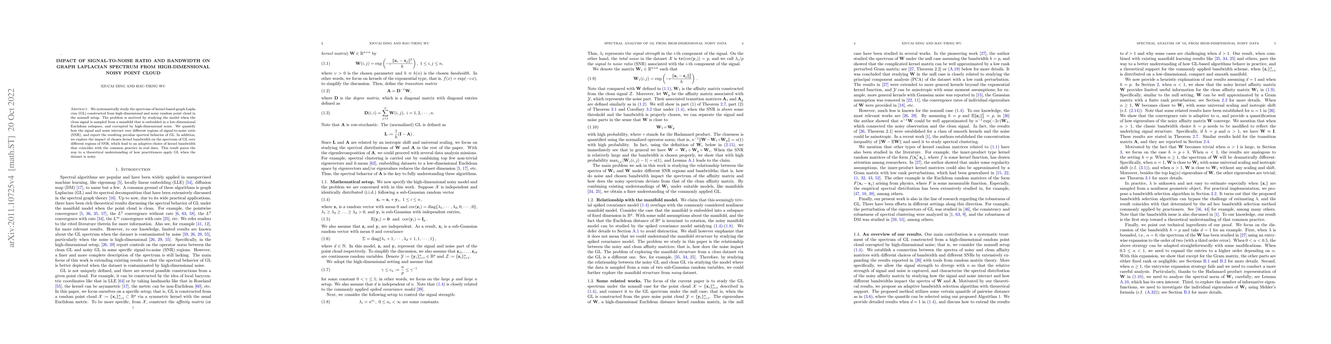 Thumbnail for Impact of signal-to-noise ratio and bandwidth on graph Laplacian
  spectrum from high-dimensional noisy point cloud