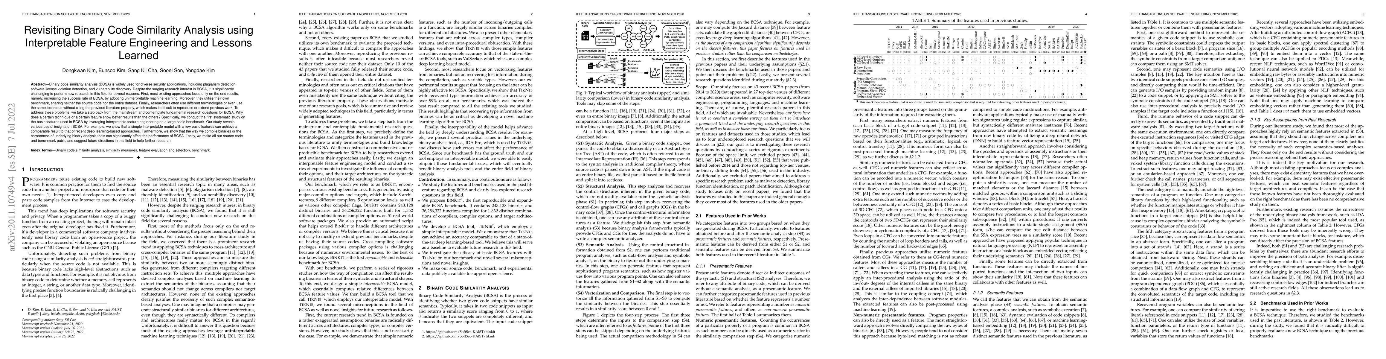 Thumbnail for Revisiting Binary Code Similarity Analysis using Interpretable Feature
  Engineering and Lessons Learned