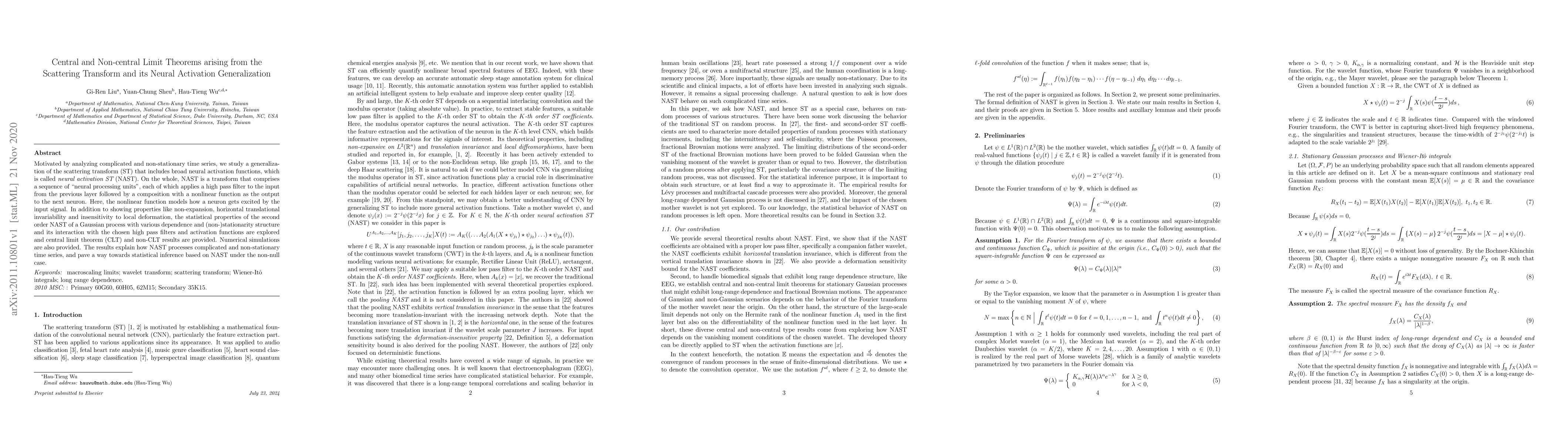 Thumbnail for Central and Non-central Limit Theorems arising from the Scattering
  Transform and its Neural Activation Generalization