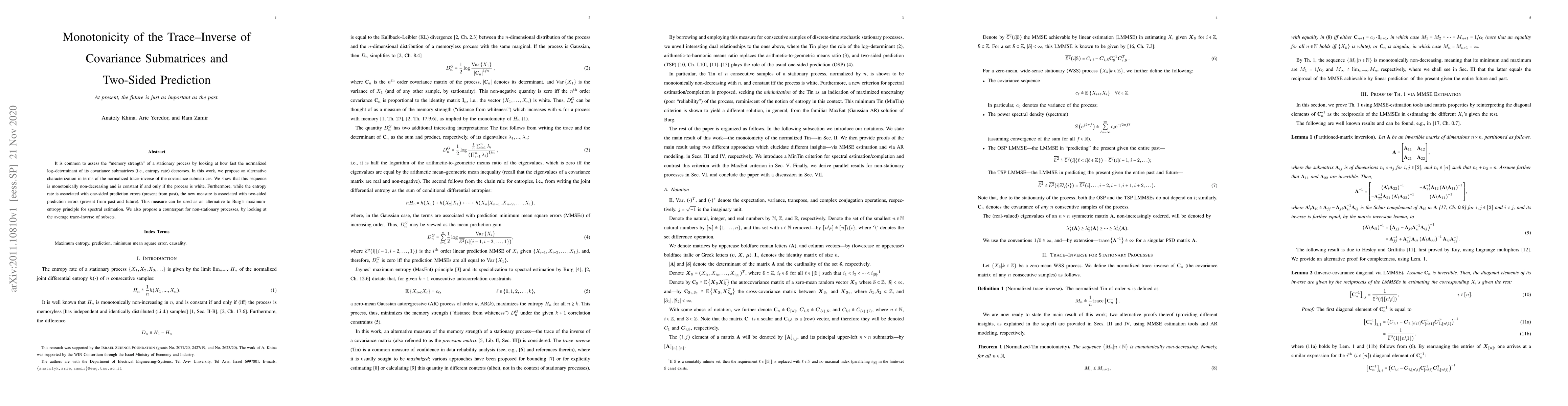 Thumbnail for Monotonicity of the Trace-Inverse of Covariance Submatrices and
  Two-Sided Prediction