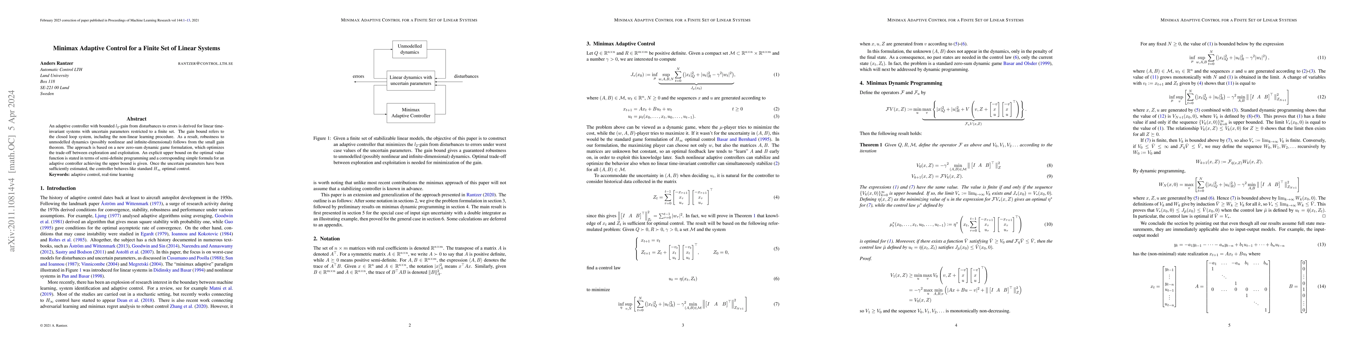 Thumbnail for Minimax Adaptive Control for a Finite Set of Linear Systems