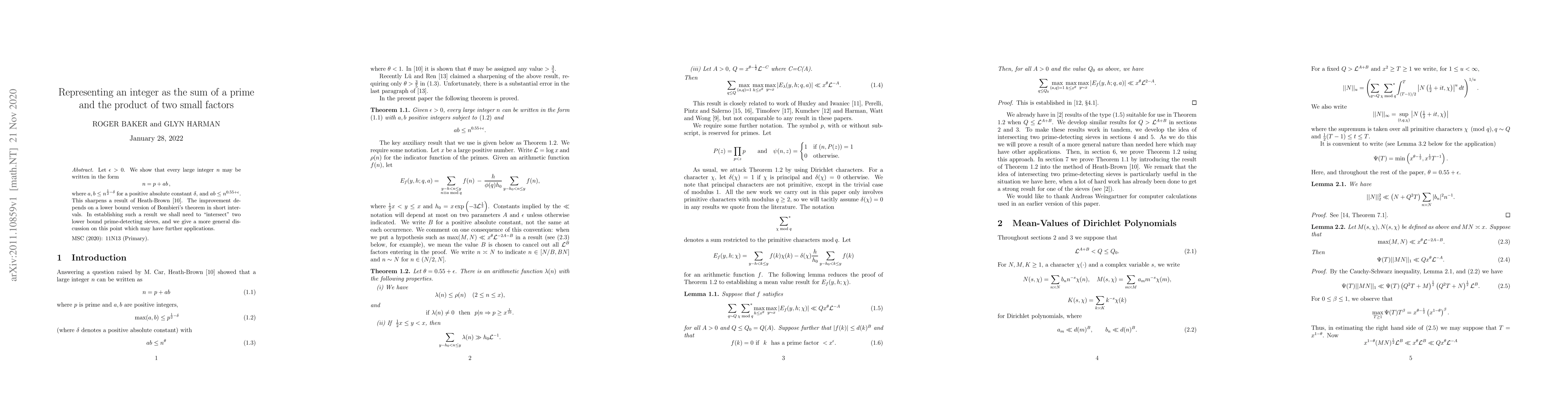 Thumbnail for Representing an integer as the sum of a prime and the product of two
  small factors