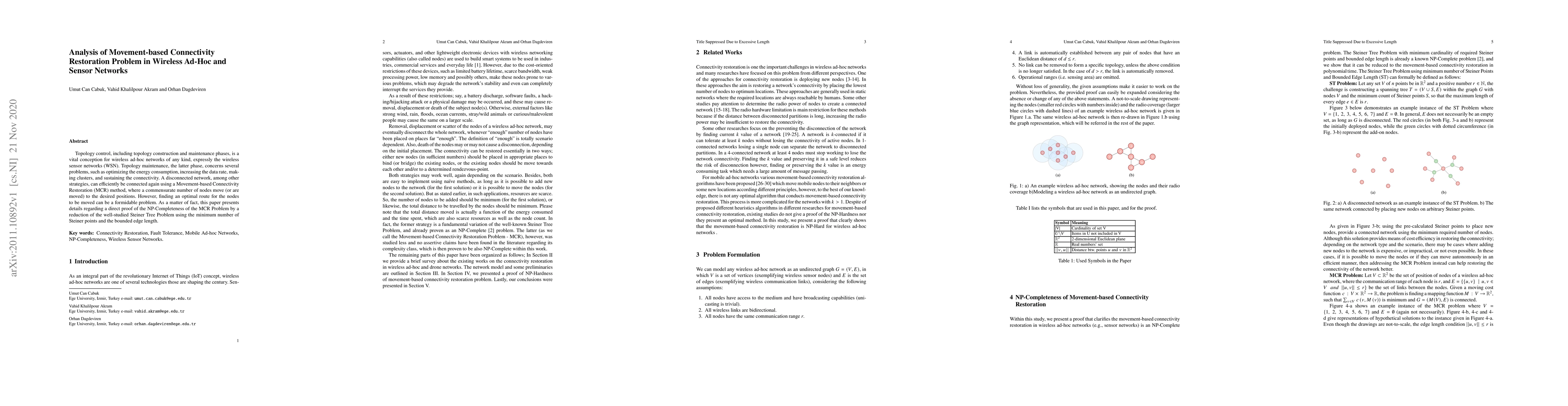 Thumbnail for Analysis of Movement-Based Connectivity Restoration Problem in Wireless
  Ad-Hoc and Sensor Networks