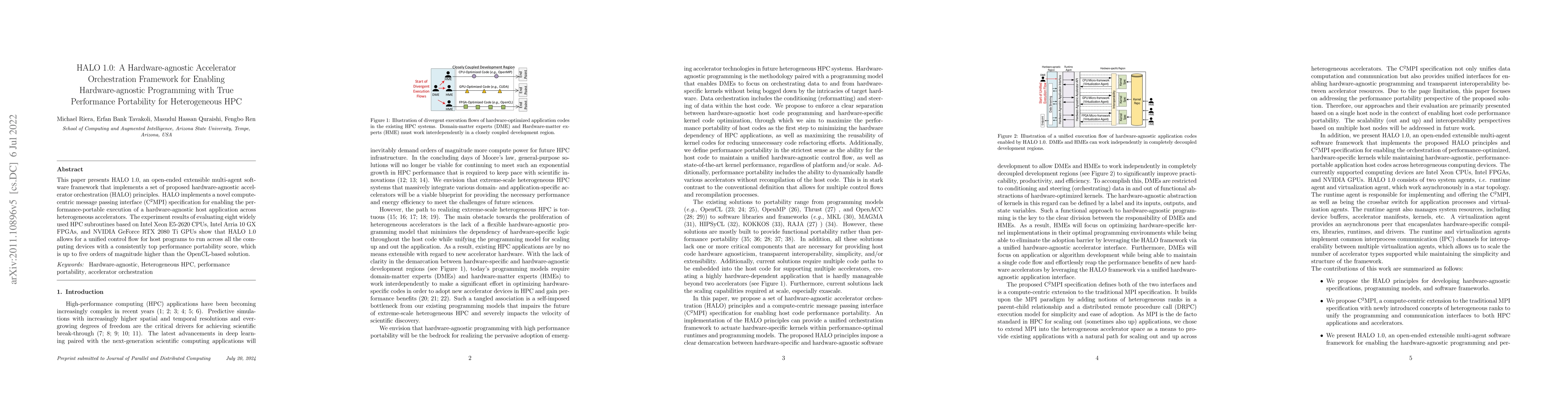 Thumbnail for HALO 1.0: A Hardware-agnostic Accelerator Orchestration Framework for
  Enabling Hardware-agnostic Programming with True Performance Portability for
  Heterogeneous HPC