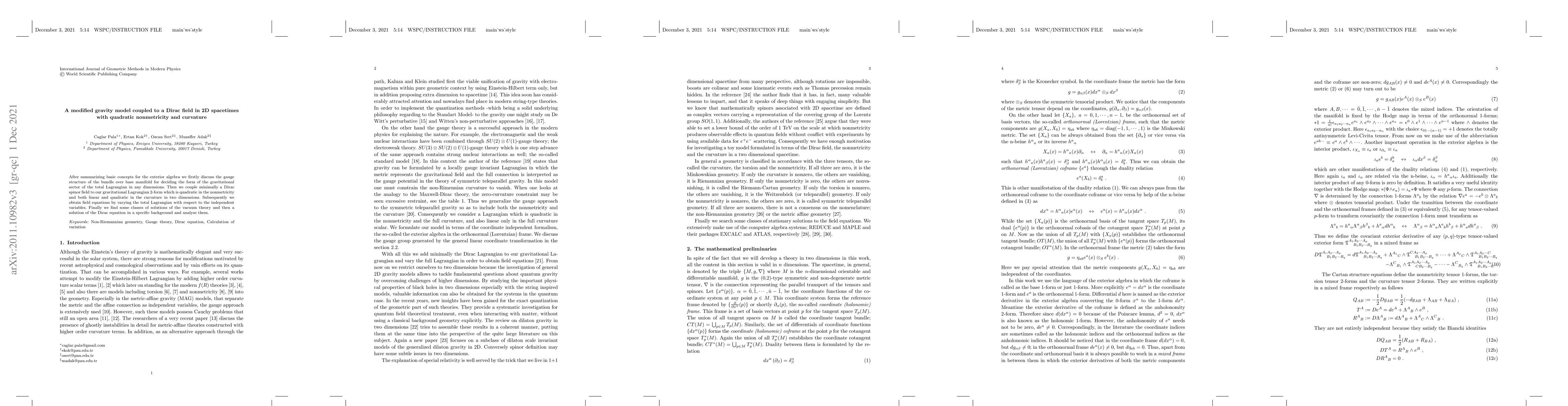 Thumbnail for A modified gravity model coupled to a Dirac field in 2D spacetimes with
  quadratic nonmetricity and curvature
