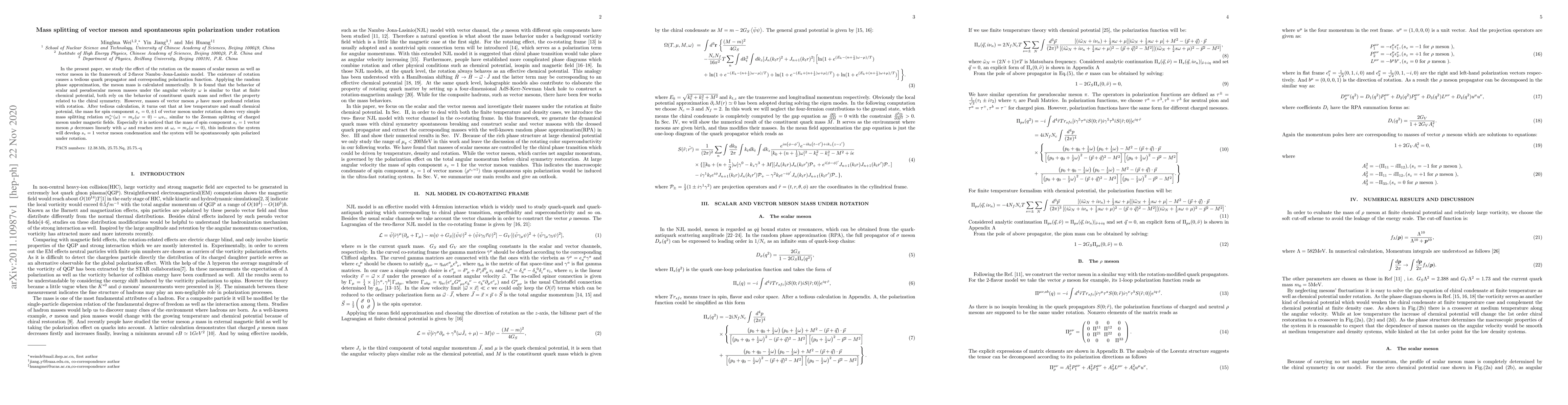 Thumbnail for Mass splitting of vector meson and spontaneous spin polarization under
  rotation