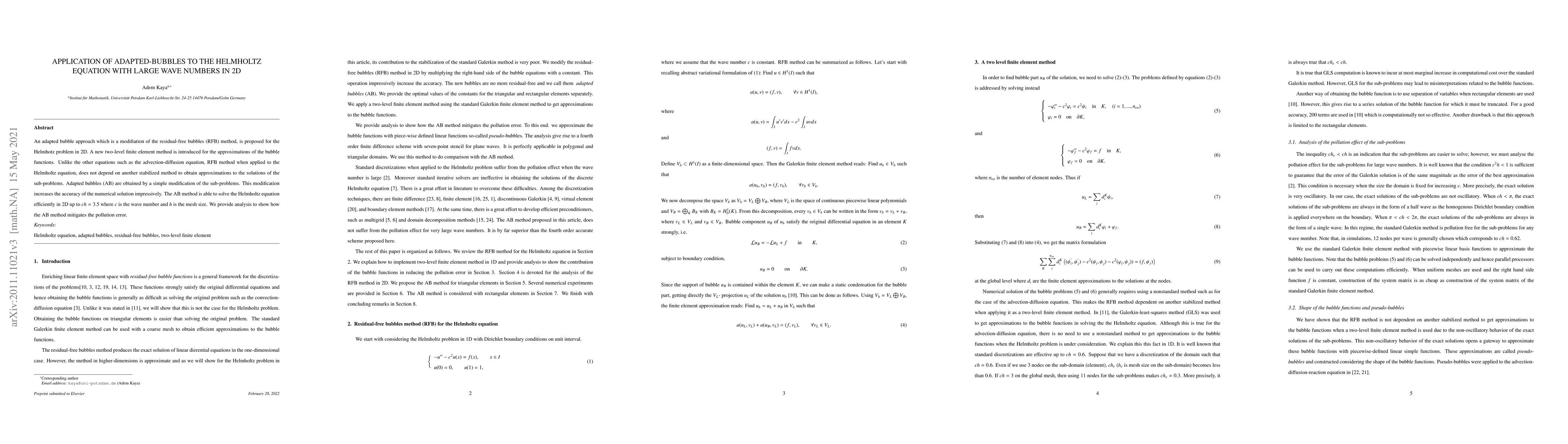 Thumbnail for Application of adapted-bubbles to the Helmholtz equation with large wave
  numbers in 2d