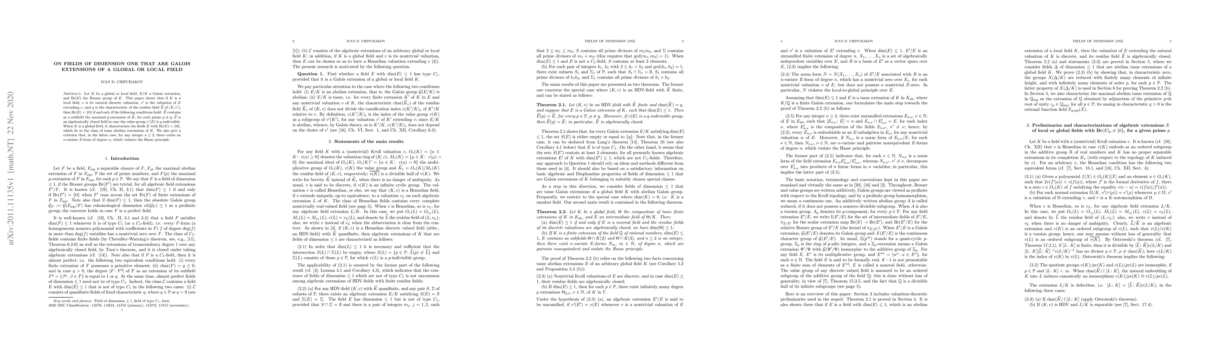 Thumbnail for On Fields of dimension one that are Galois extensions of a global or
  local field