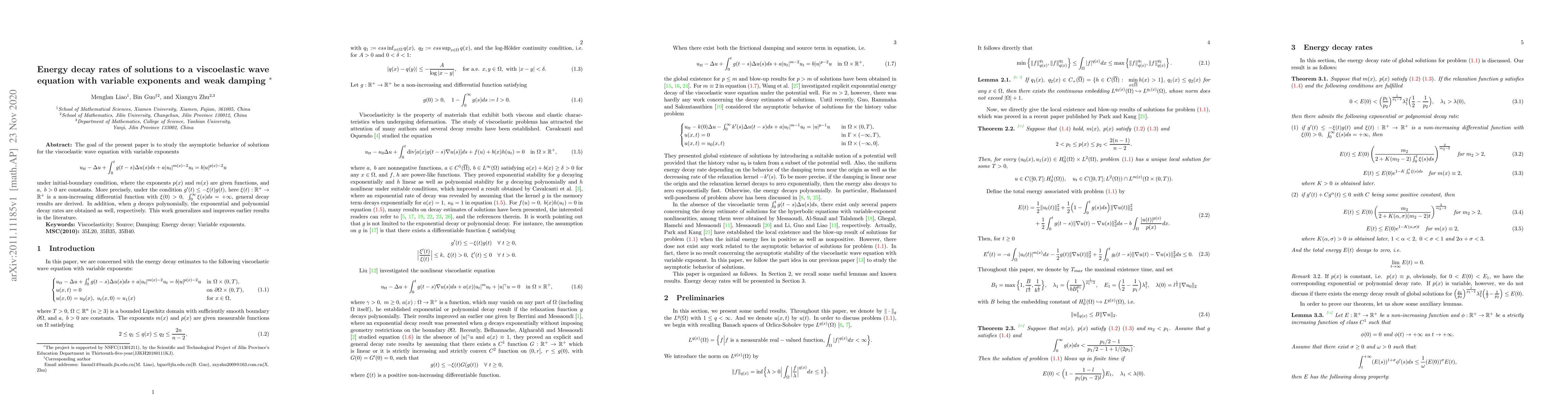 Thumbnail for Energy decay rates of solutions to a viscoelastic wave equation with
  variable exponents and weak damping