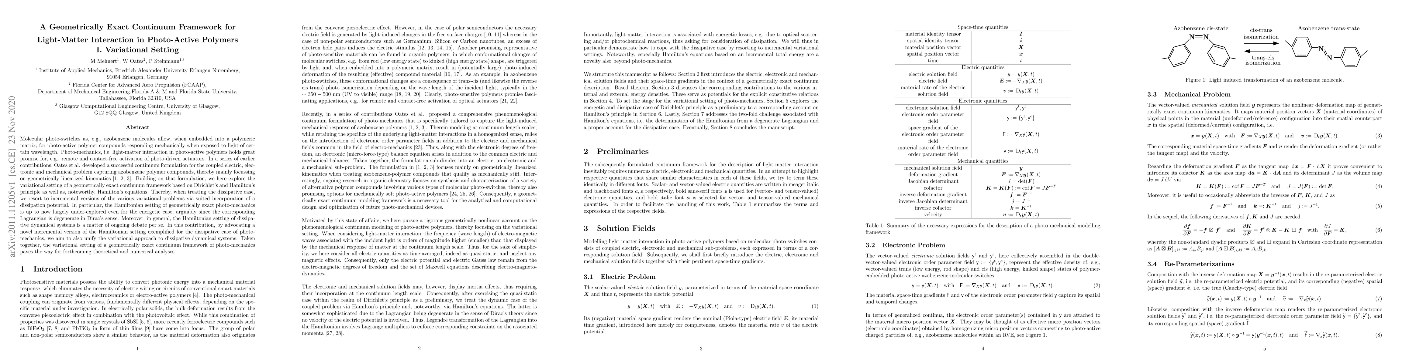 Thumbnail for A Geometrically Exact Continuum Framework for Light-Matter Interaction
  in Photo-Active Polymers I. Variational Setting