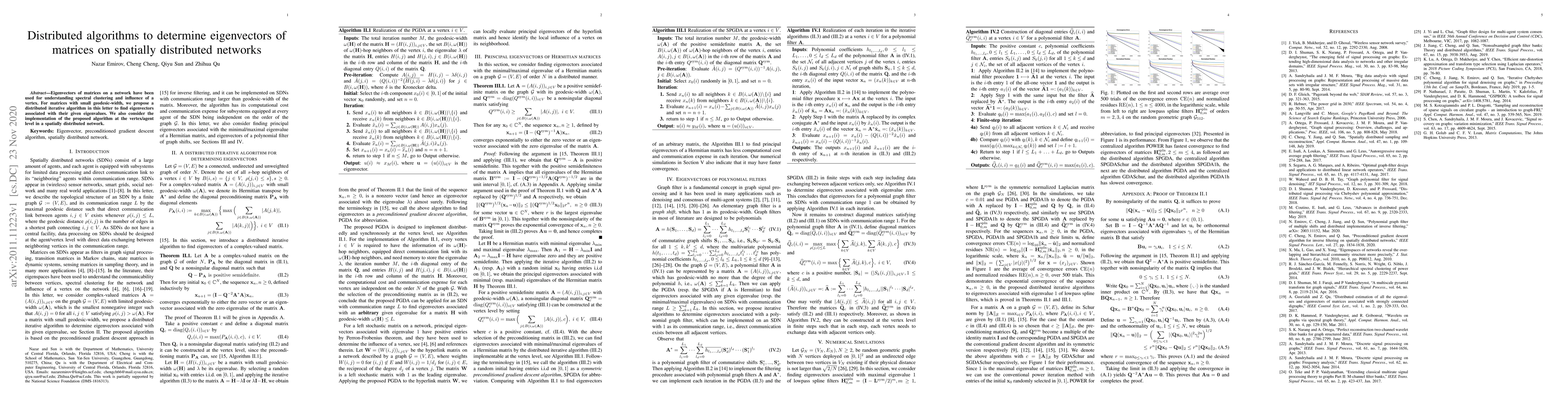 Thumbnail for Distributed algorithms to determine eigenvectors of matrices on
  spatially distributed networks