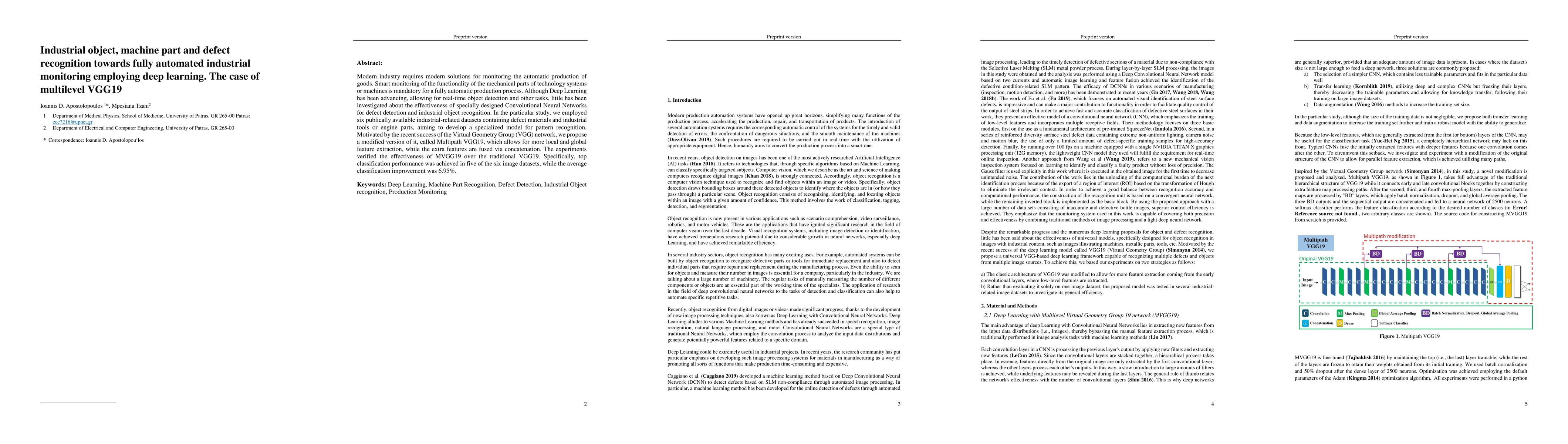 Thumbnail for Industrial object, machine part and defect recognition towards fully
  automated industrial monitoring employing deep learning. The case of
  multilevel VGG19