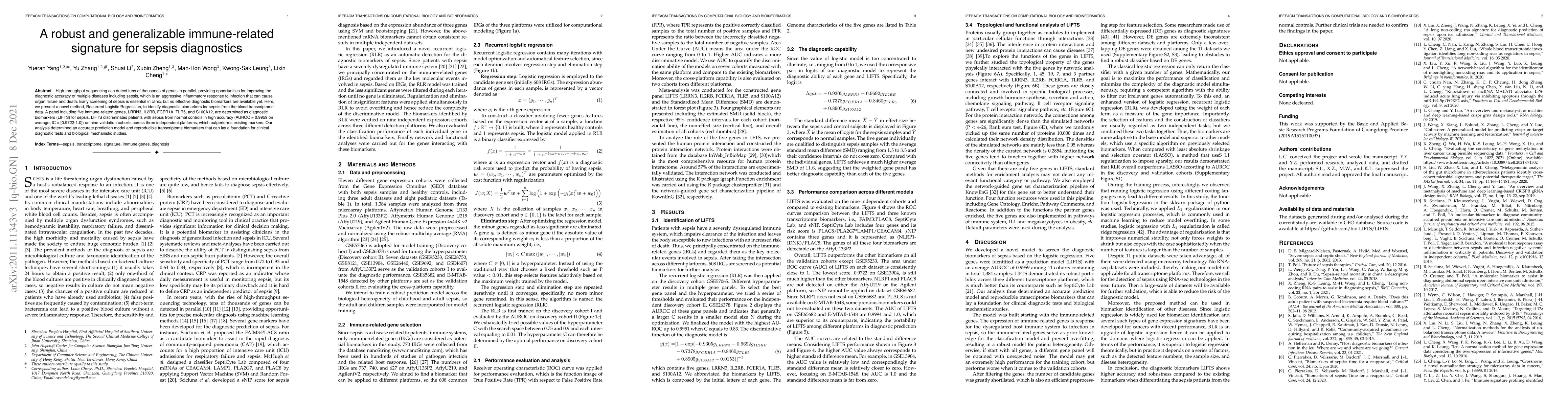Thumbnail for A robust and generalizable immune-relatedsignature for sepsis
  diagnostics