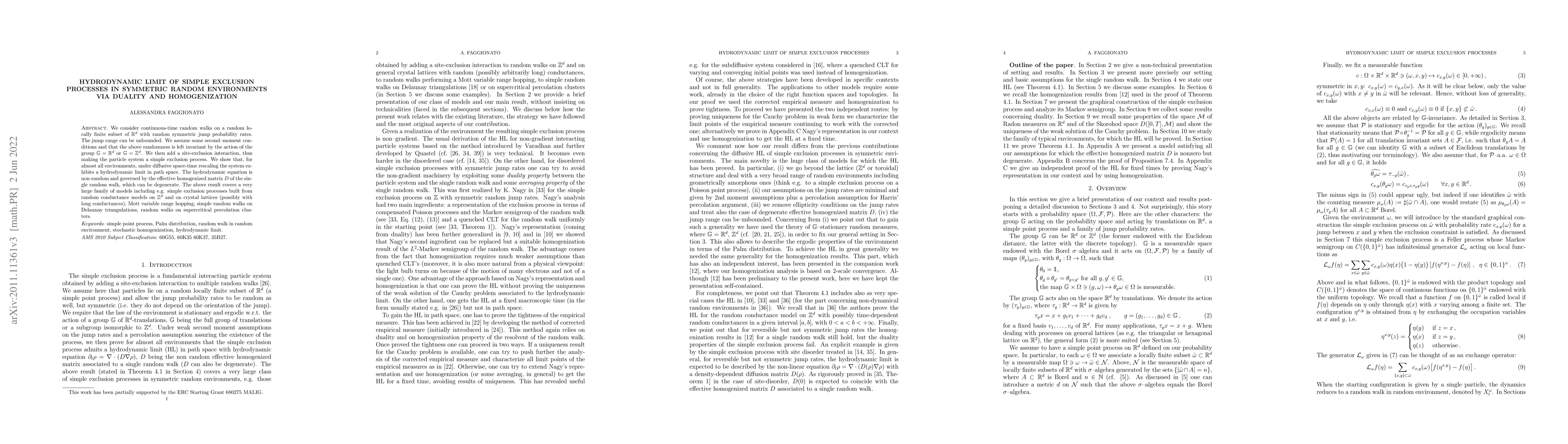 Thumbnail for Hydrodynamic limit of simple exclusion processes in symmetric random
  environments via duality and homogenization
