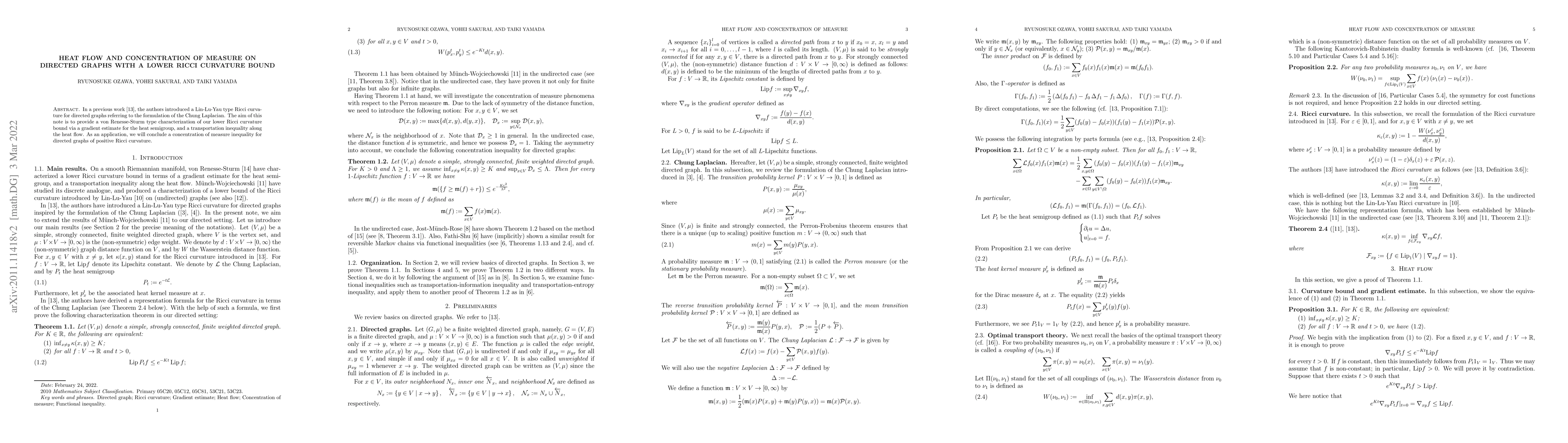 Thumbnail for Heat flow and concentration of measure on directed graphs with a lower
  Ricci curvature bound