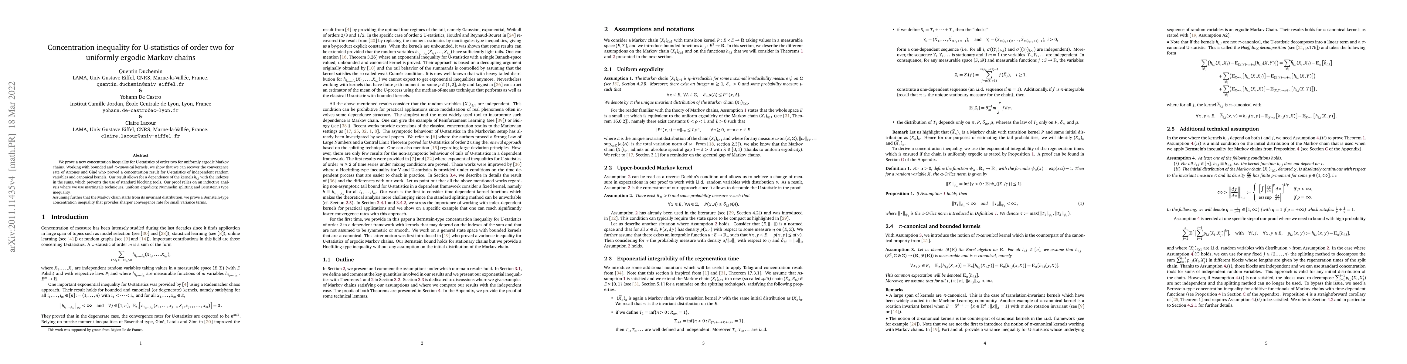 Thumbnail for Concentration inequality for U-statistics of order two for uniformly
  ergodic Markov chains