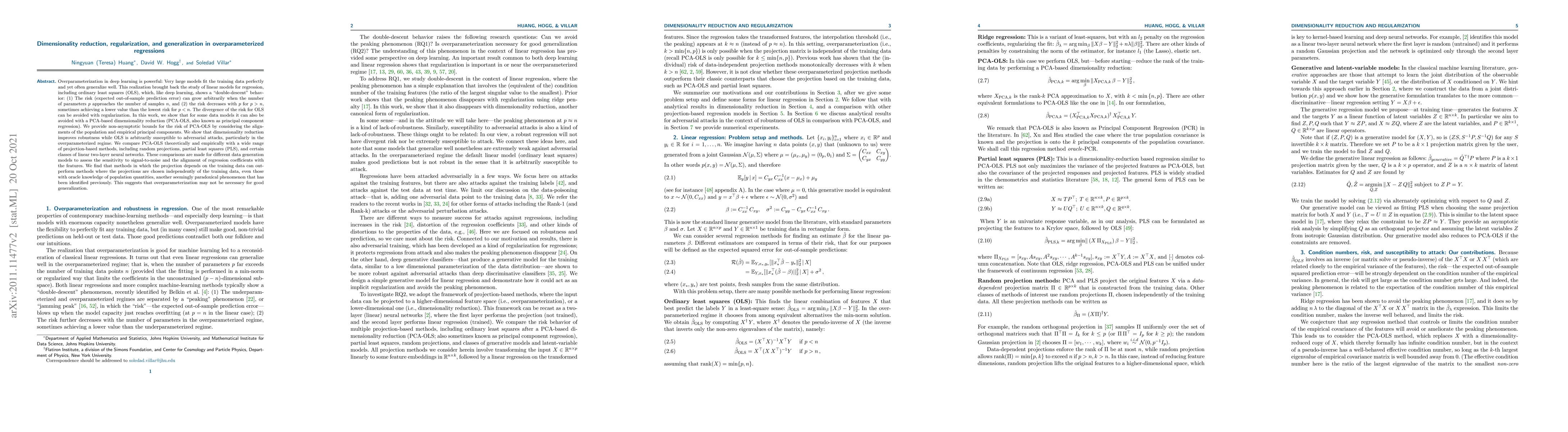 Thumbnail for Dimensionality reduction, regularization, and generalization in
  overparameterized regressions