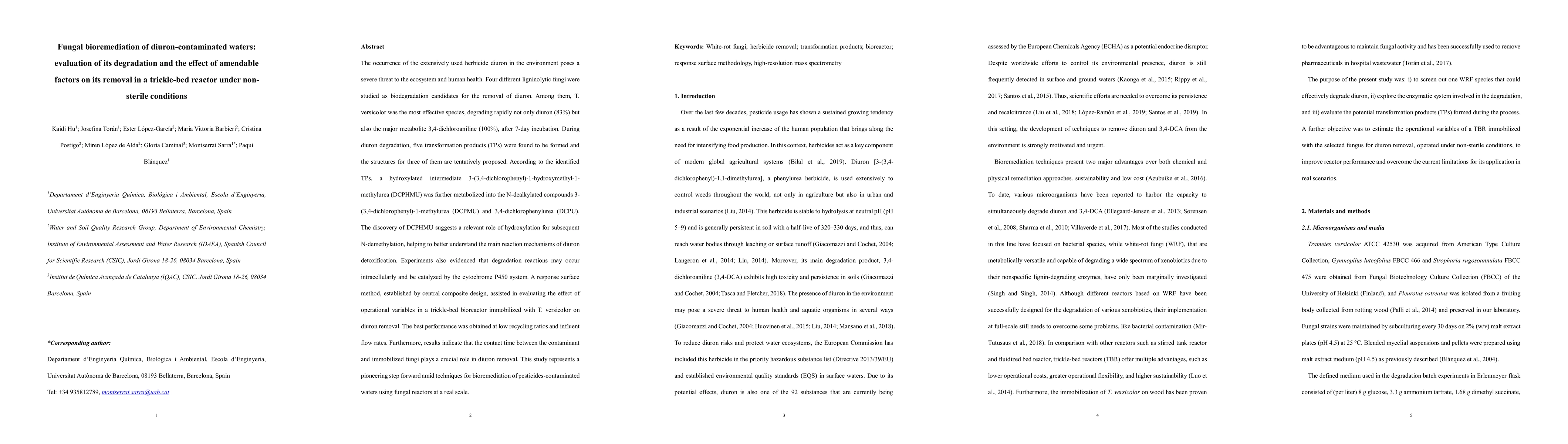 Thumbnail for Fungal bioremediation of diuron-contaminated waters: evaluation of its
  degradation and the effect of amendable factors on its removal in a
  trickle-bed reactor under non-sterile conditions