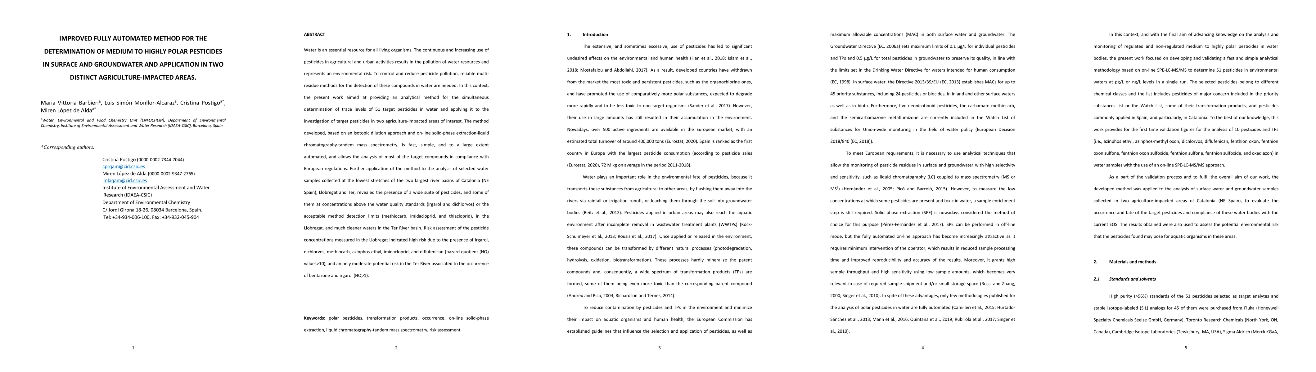 Thumbnail for Improved fully automated method for the determination of medium to
  highly polar pesticides in surface and groundwater and application in two
  distinct agriculture-impacted areas