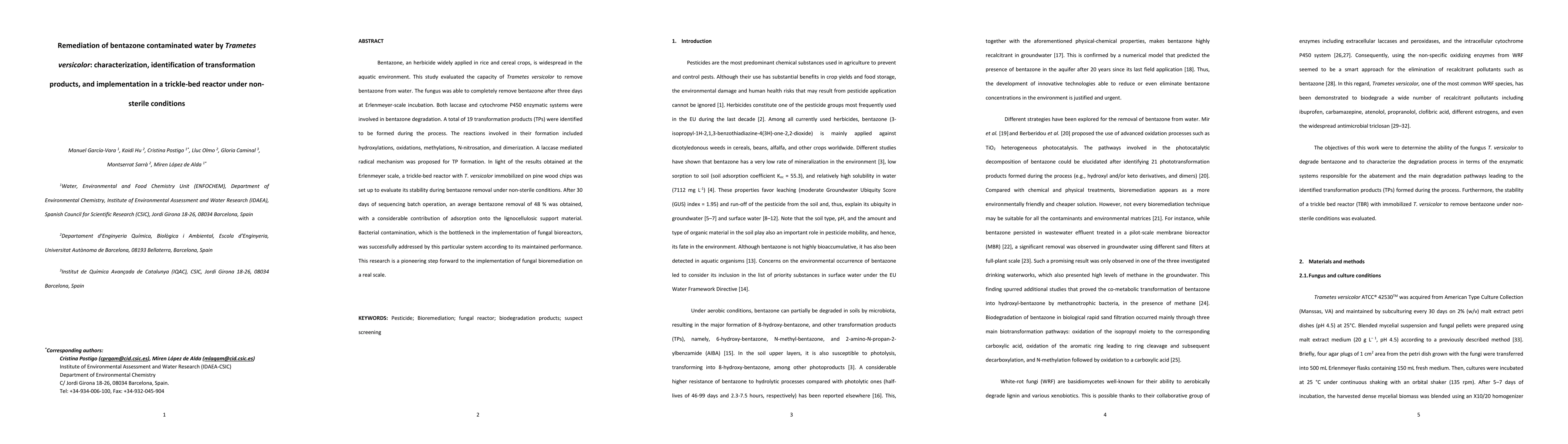 Thumbnail for Remediation of bentazone contaminated water by Trametes versicolor:
  characterization, identification of transformation products, and
  implementation in a trickle-bed reactor under non-sterile conditions