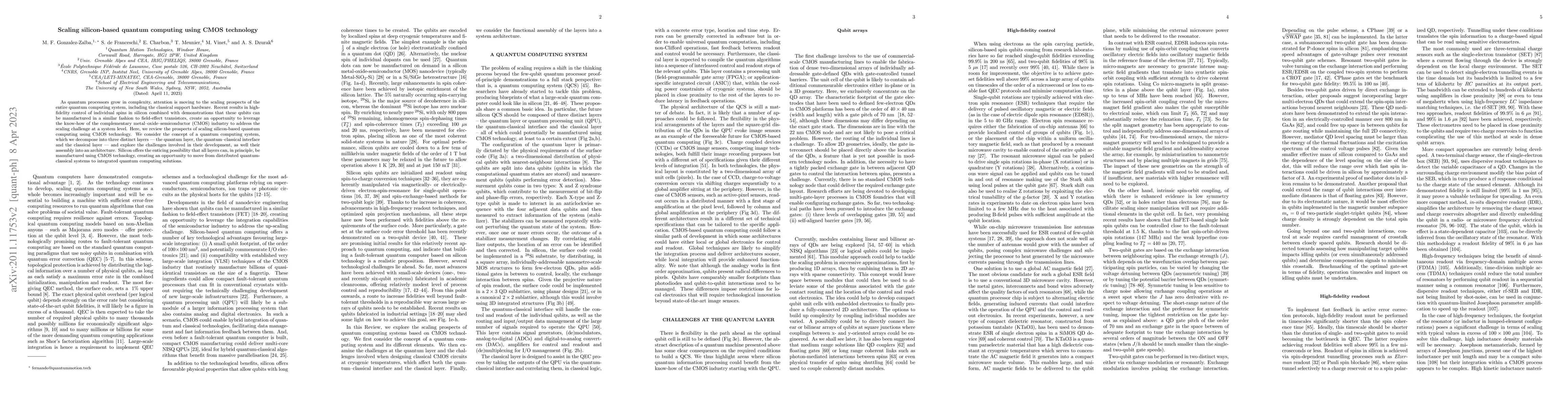 Thumbnail for Scaling silicon-based quantum computing using CMOS technology:
  State-of-the-art, Challenges and Perspectives