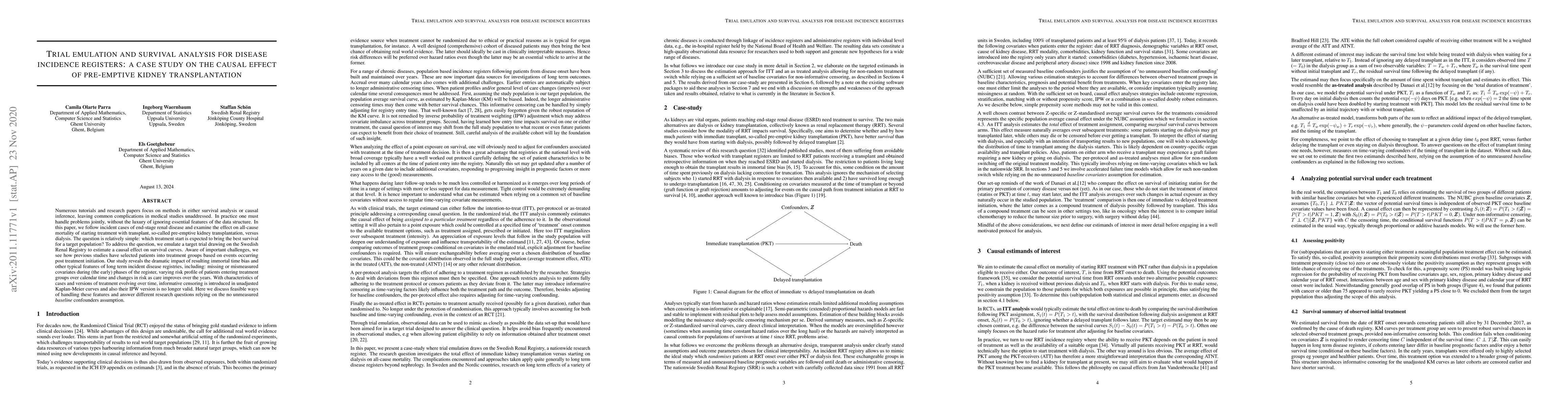 Thumbnail for Trial emulation and survival analysis for disease incidence registers: a
  case study on the causal effect of pre-emptive kidney transplantation